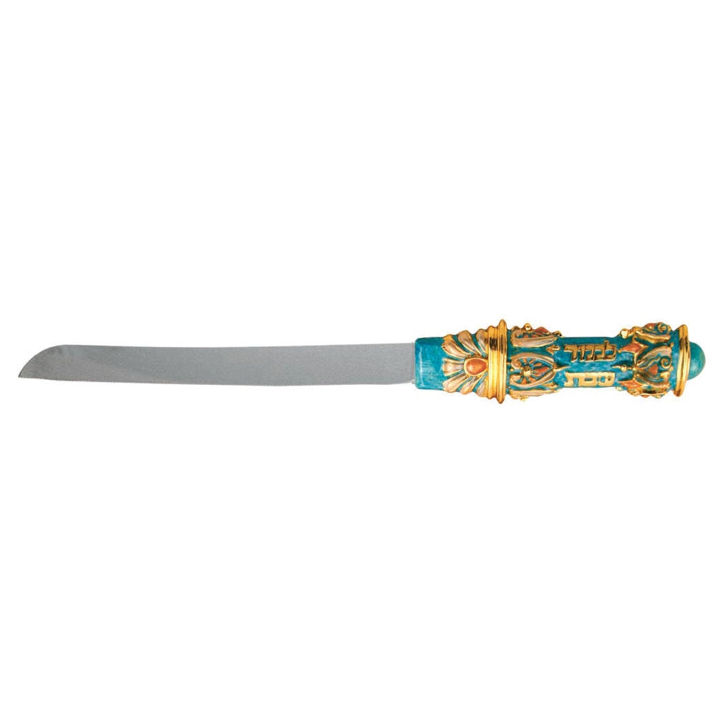 Stainless Steel Jeweled Challah Knife with 24K Gold Plating - Turquoise with Amber Crystals - 1