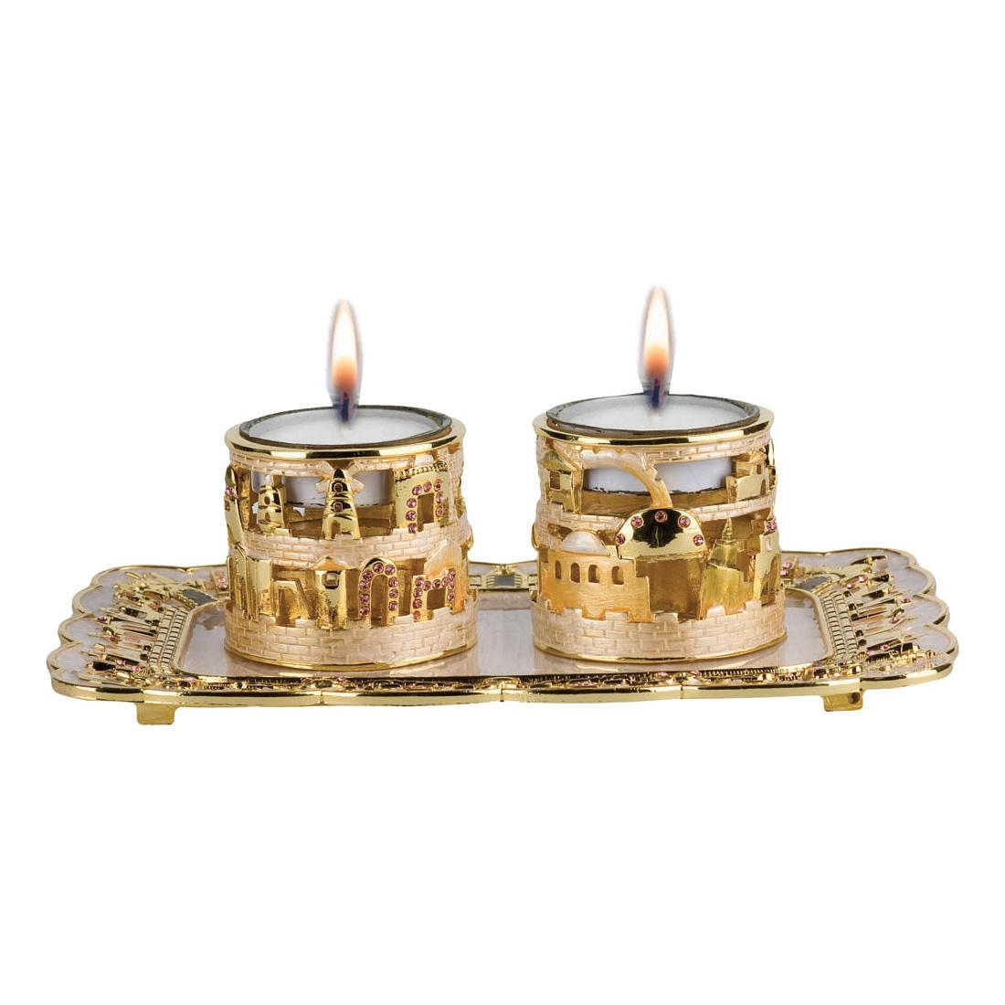24K Gold Plated Jerusalem Candle Holders with Tray - Ivory with Amber Crystals - 1