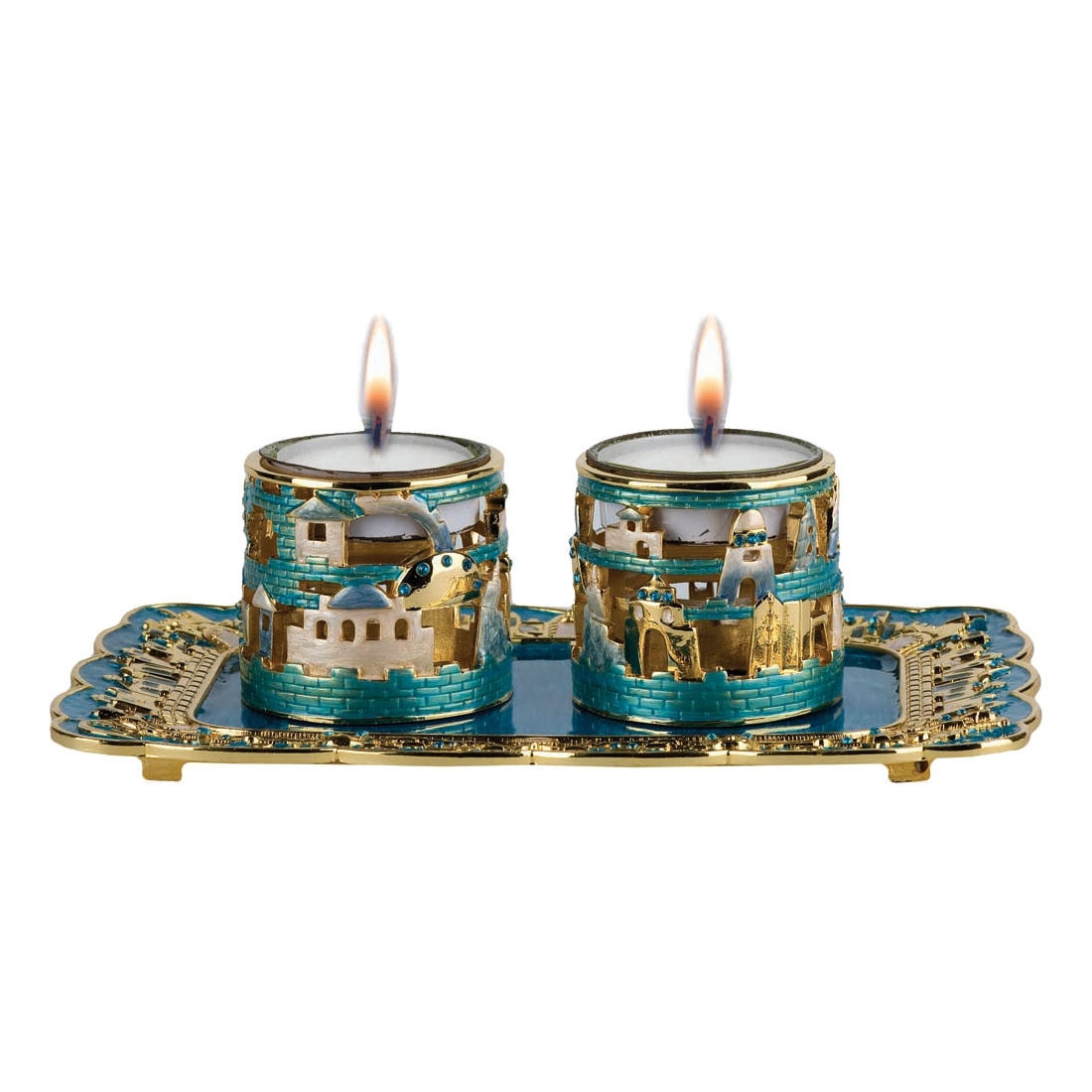 24K Gold Plated Jerusalem Candle Holders with Tray - Turquoise with Sapphire Crystals - 1