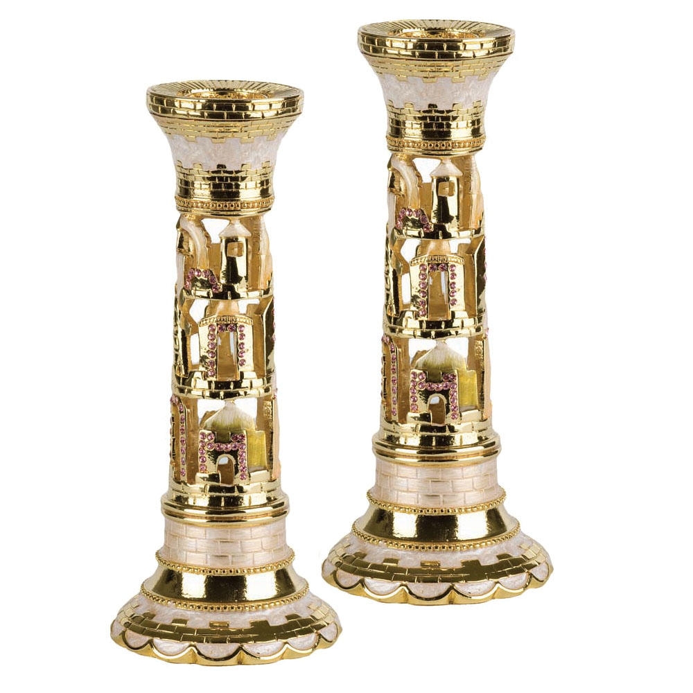 24K Gold Plated Jerusalem Candlesticks - Ivory with Amber Crystals - 1