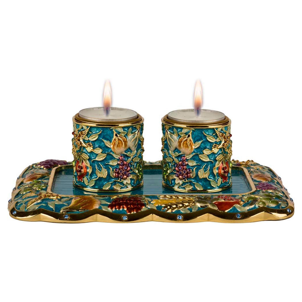 24K Gold Plated Seven Species Candle Holders with Tray - Turquoise with Sapphire Crystals - 1