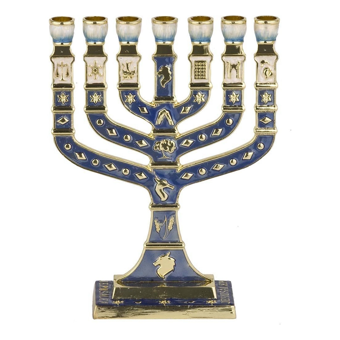Blue Knesset with Jerusalem and 12 Tribes 7-Branched Enamel Menorah  - 1