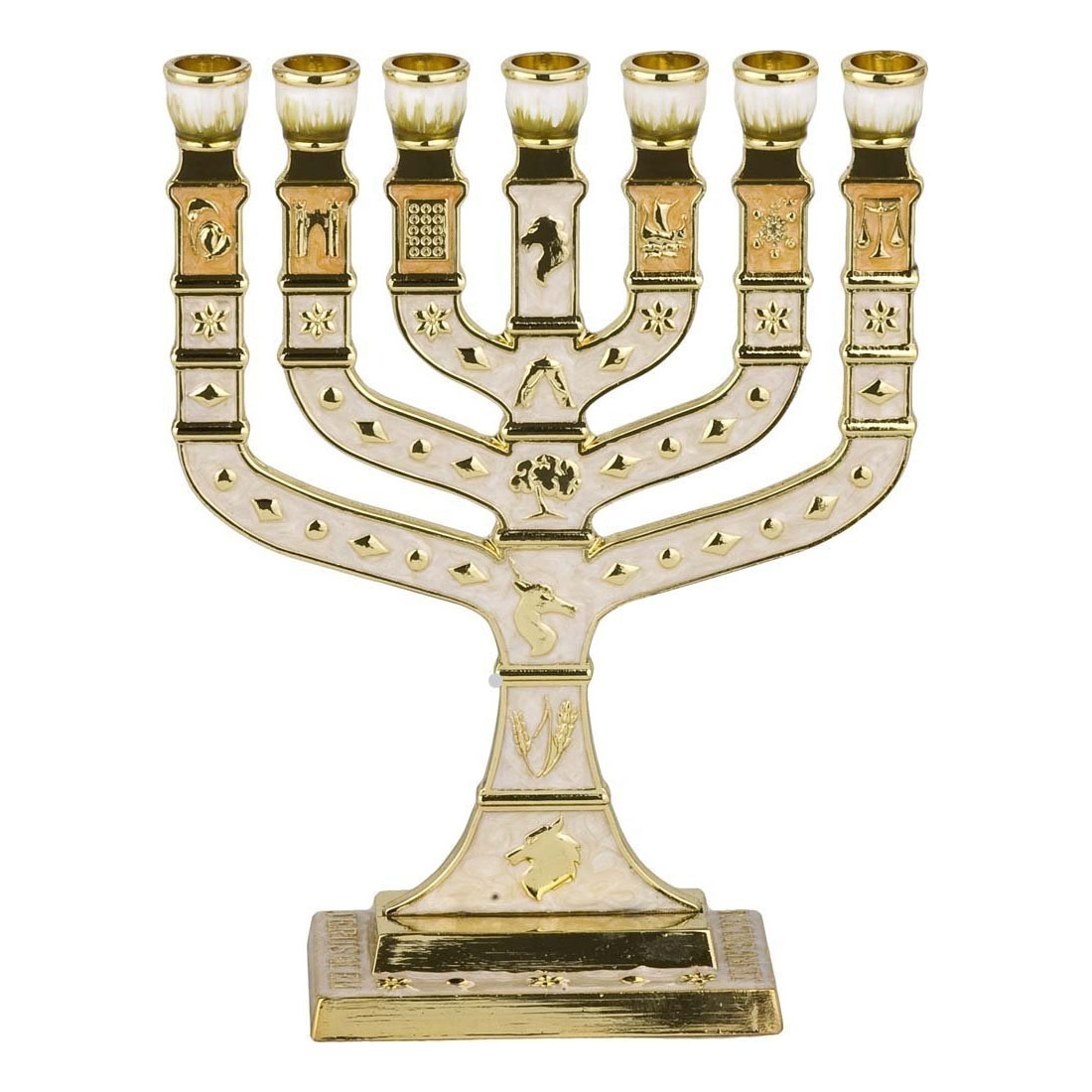 Beige Knesset with Jerusalem and 12 Tribes 7-Branched Enamel Menorah - 1