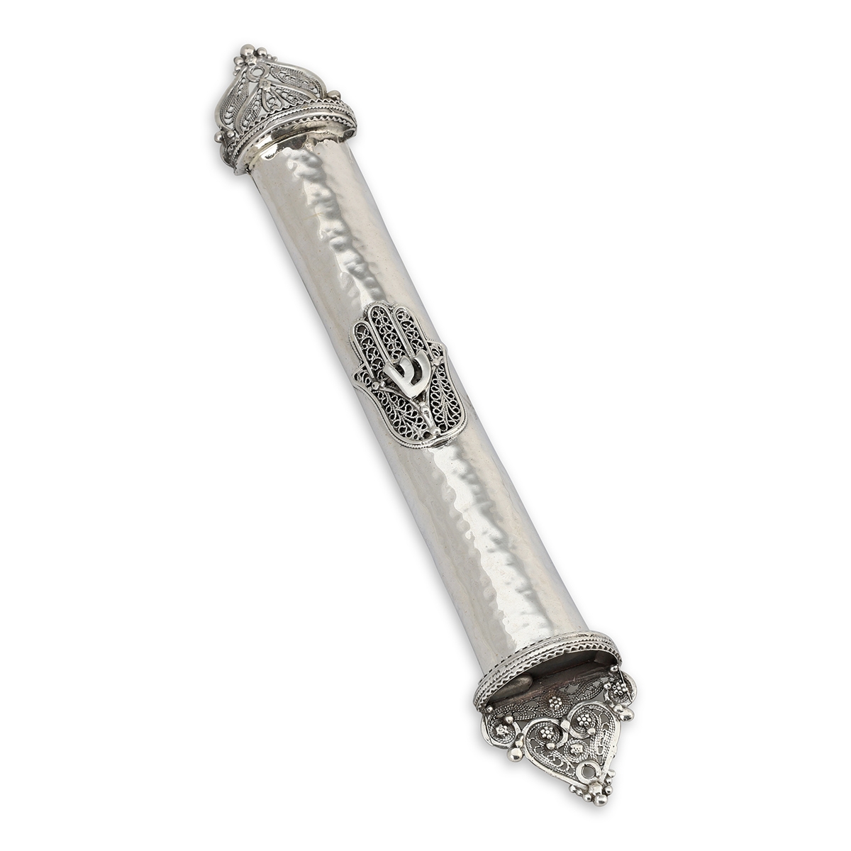 Handcrafted Sterling Silver Mezuzah Case With Large Hamsa Design By Traditional Yemenite Art - 1