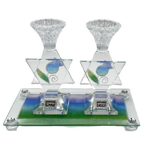 Lily Art Crystal & Glass Star of David Watercolor Candlesticks and Tray - 1