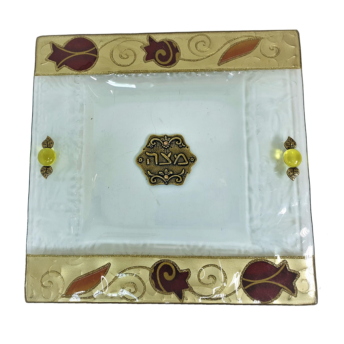 Lily Art Hand-Painted Glass Matzah Tray With Pomegranate Motif (Red and Orange) - 1