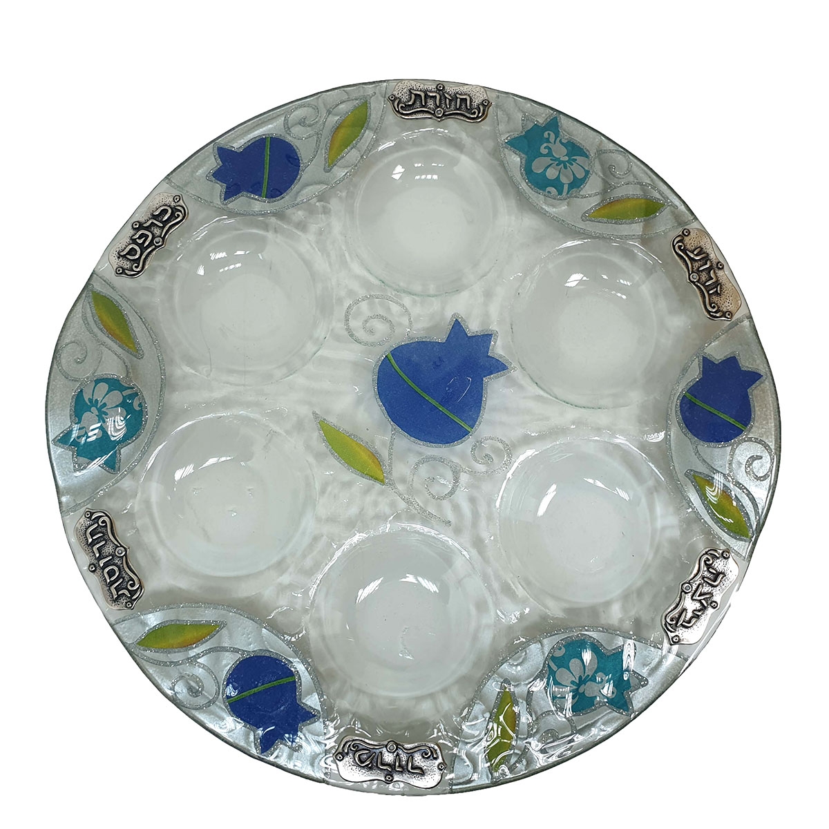 Lily Art Hand-Painted Glass Seder Plate With Pomegranate Design (Dark Blue) - 1