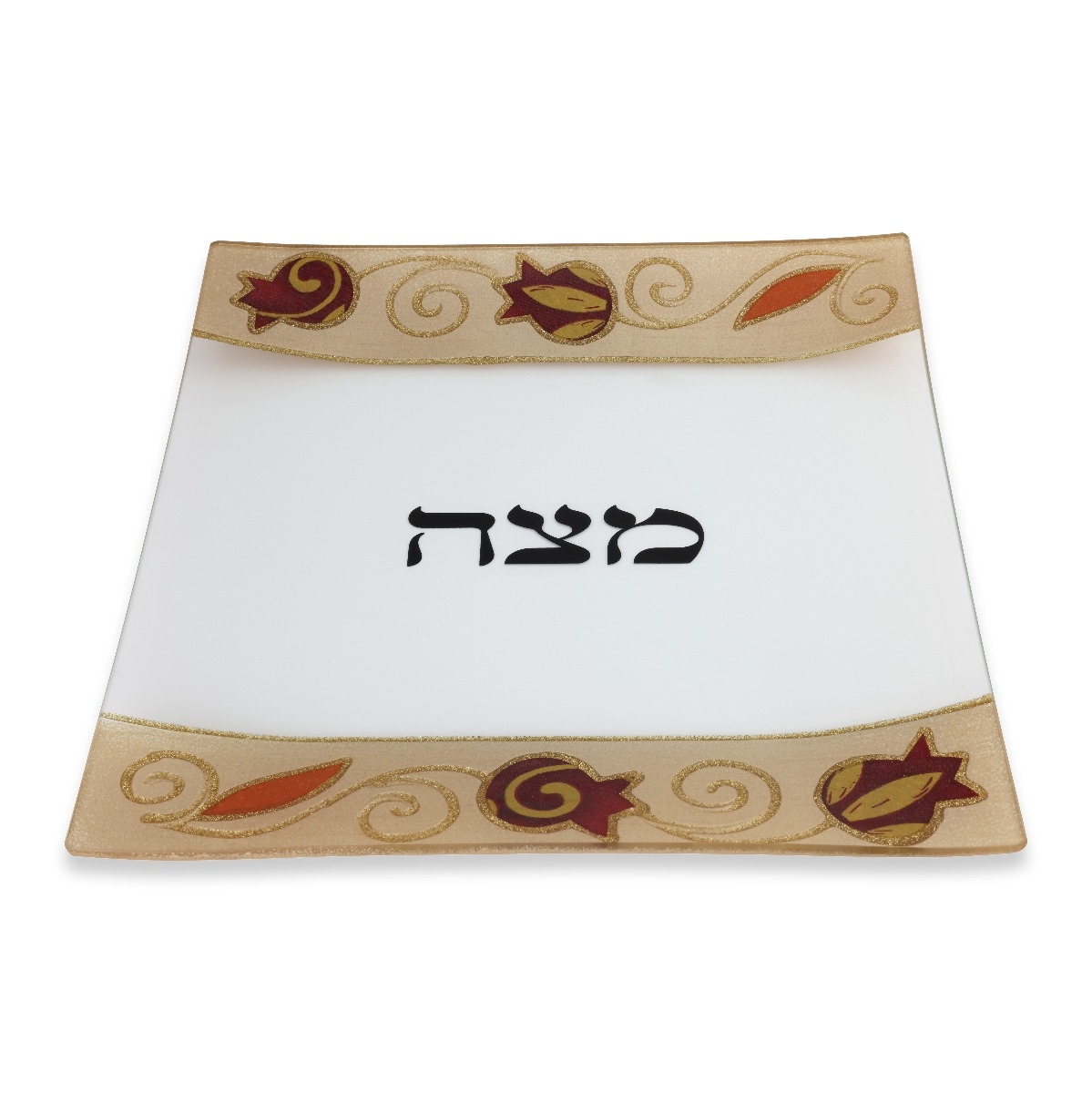 Lily Art Hand Painted Glass Matzah Plate With Red Pomegranate Design - 1
