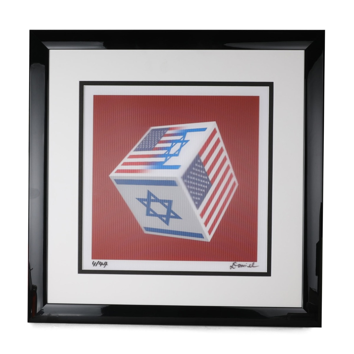 Limited Edition American-Israeli Friendship Framed 3D Optical Illusion Cube (Red Background, Black Frame) - 1