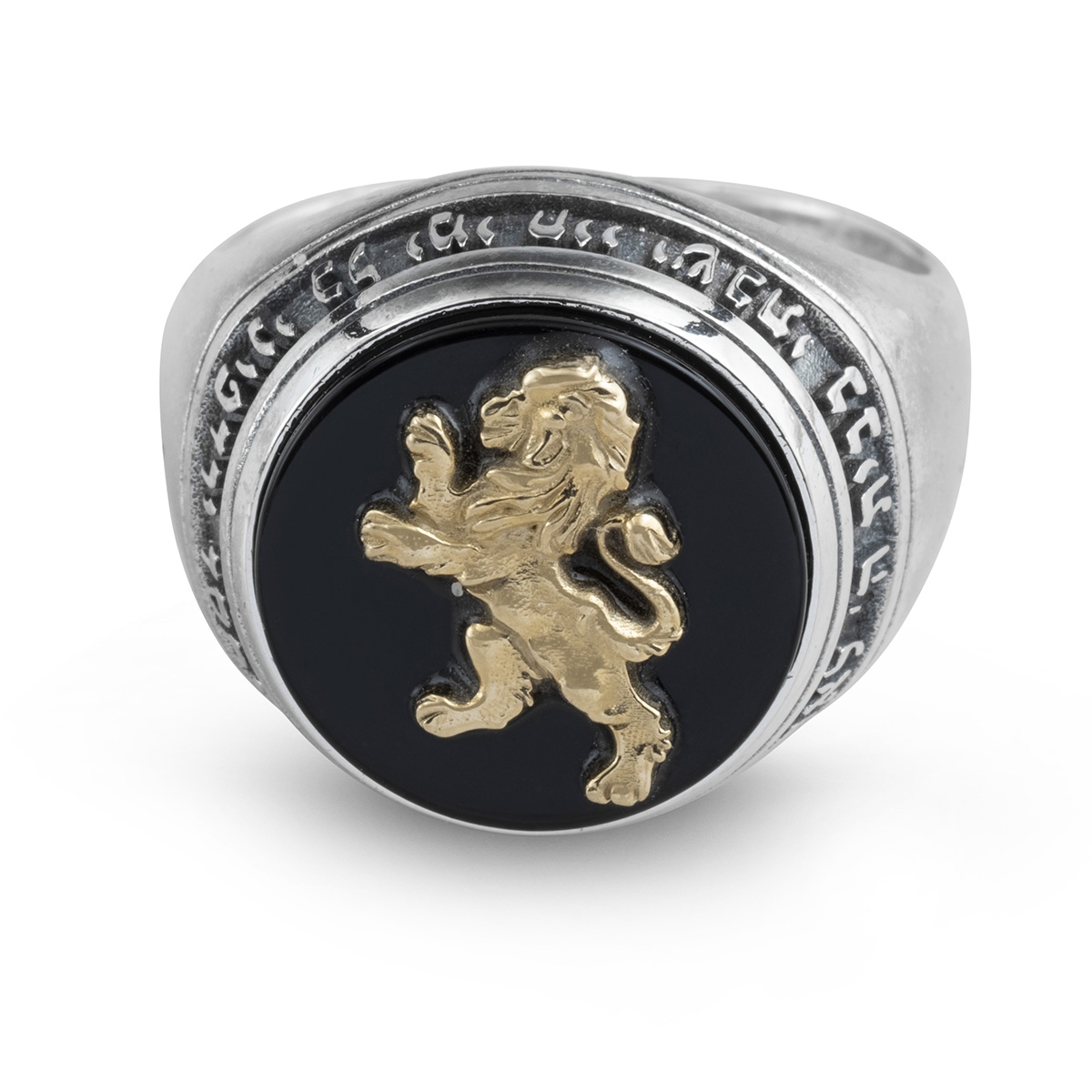 Rafael Jewelry Handcrafted Sterling Silver and Onyx Stone Ring With 14K Yellow Gold Lion of Judah Design - 1