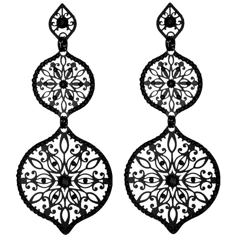 Black Three Tiered Earrings with Gemstones by L.K. Designs - 1