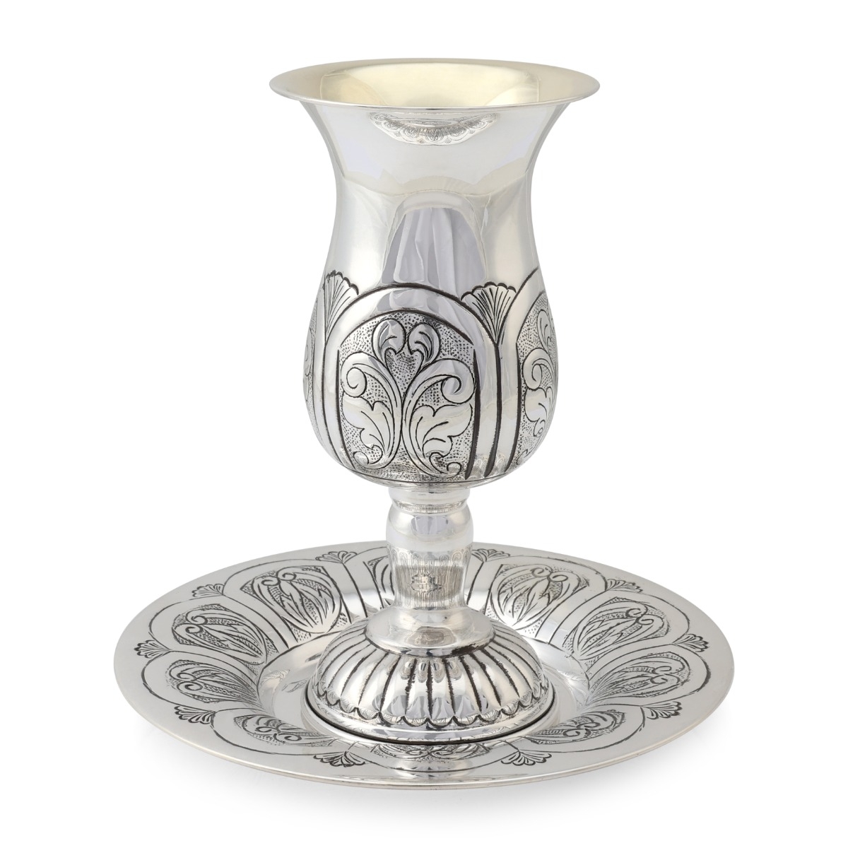 Luxurious 925 Sterling Silver Plated Kiddush Cup Set - Foliate Chasing - 1
