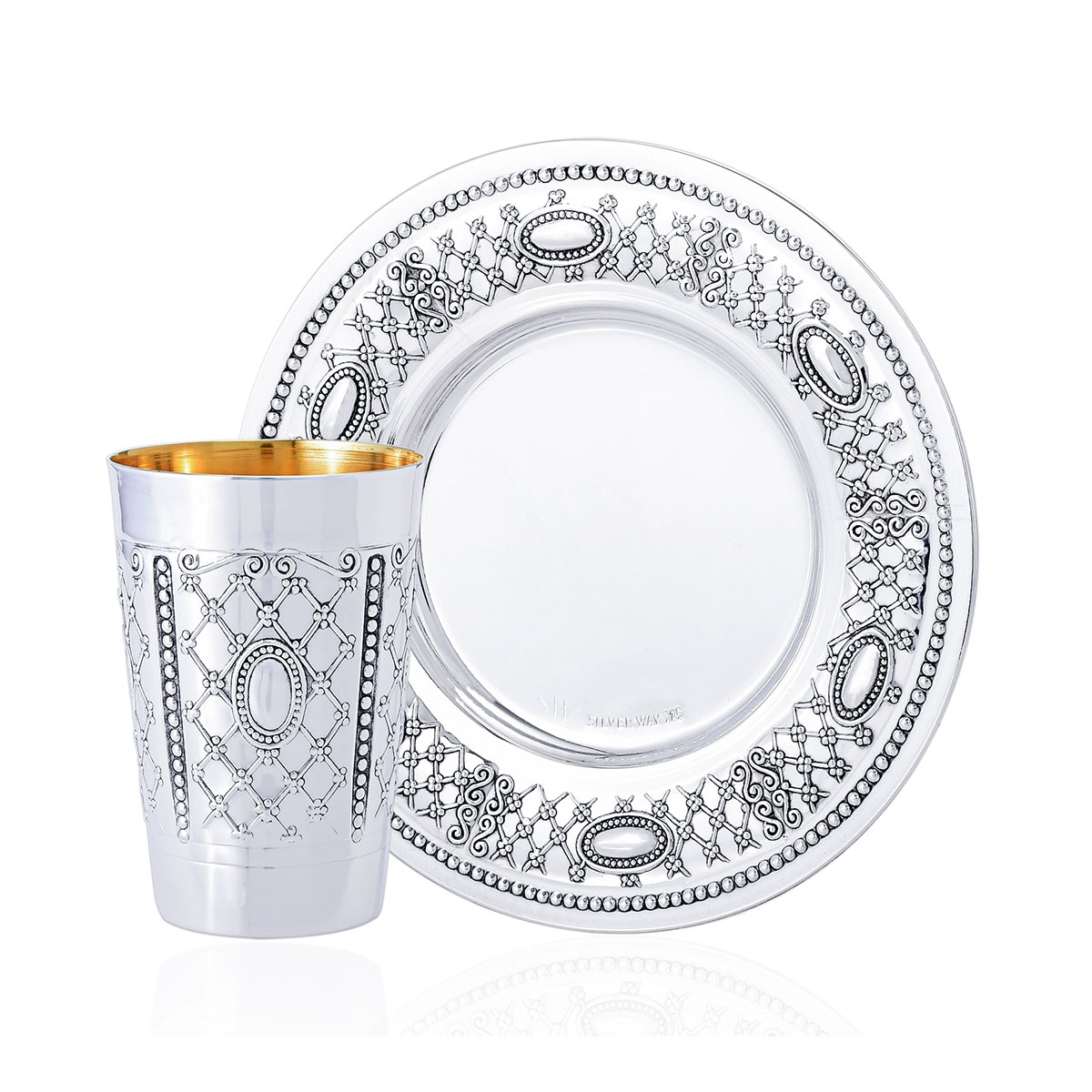 Luxurious 925 Sterling Silver Kiddush Cup Set With Ornate Designs - 1