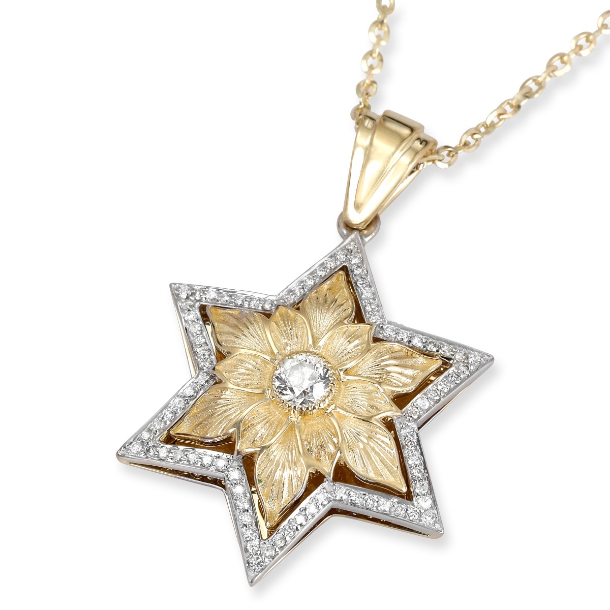 14K Gold Floral Star of David Pendant With 79 Diamonds - 1