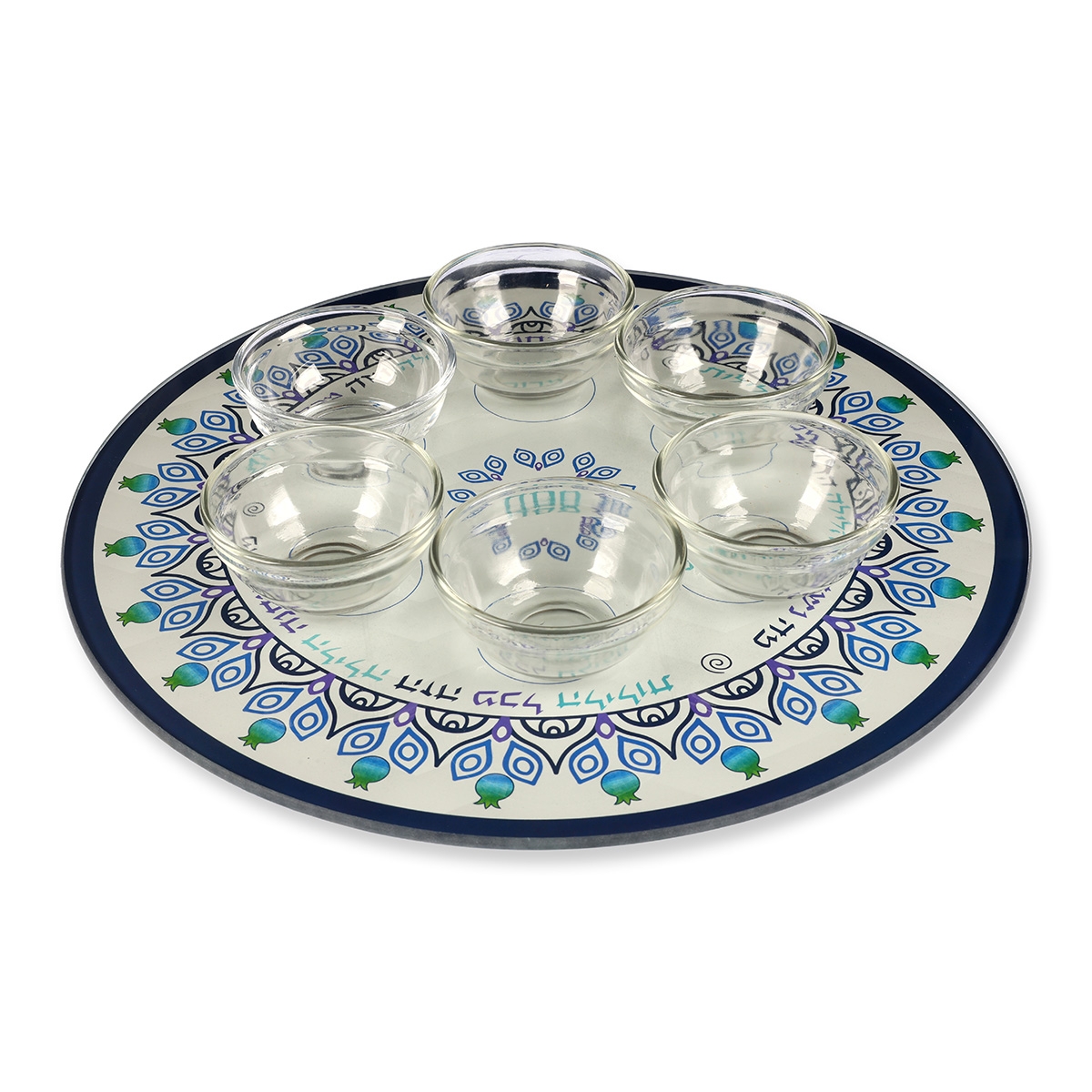 Lily Art Glass Seder Plate with Pomegranate Motif in Blue  - 1