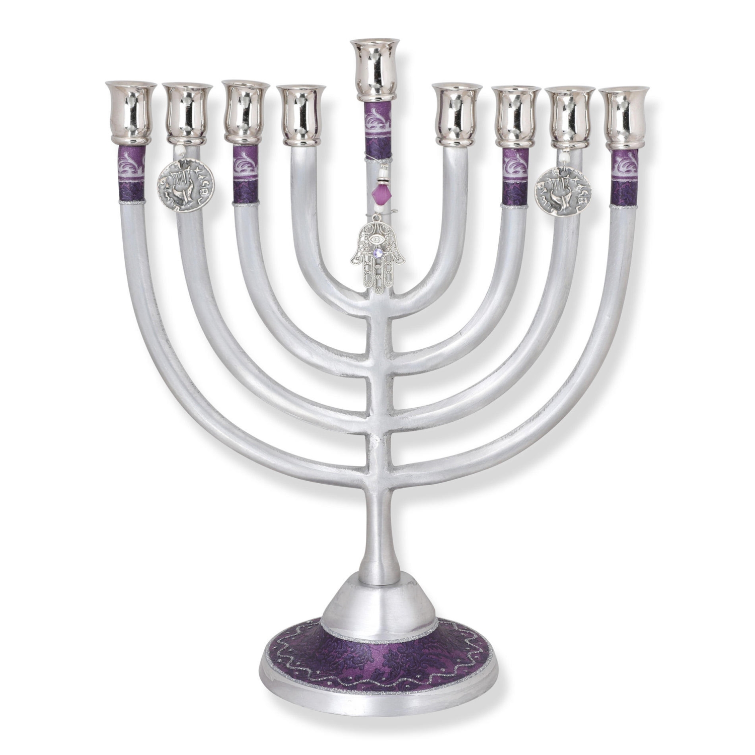 Lily Art Aluminum Classic Hanukkah Menorah with Hamsa (Purple) - 1