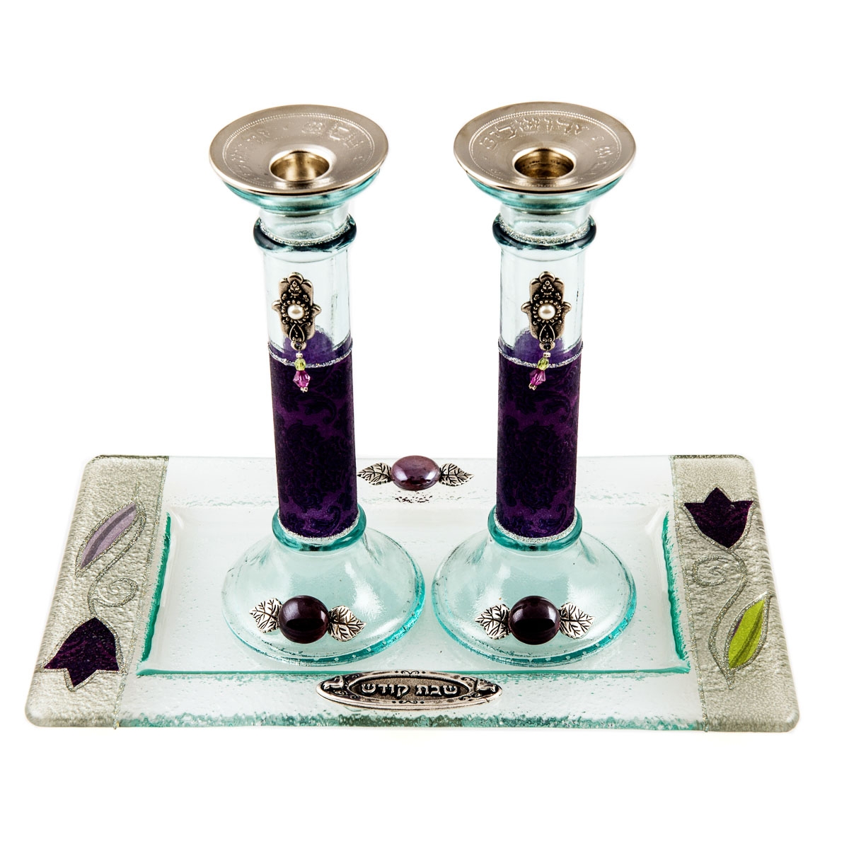 Painted Glass Column Candlesticks with Tray: Hamsa (Purple). Lily Art - 1