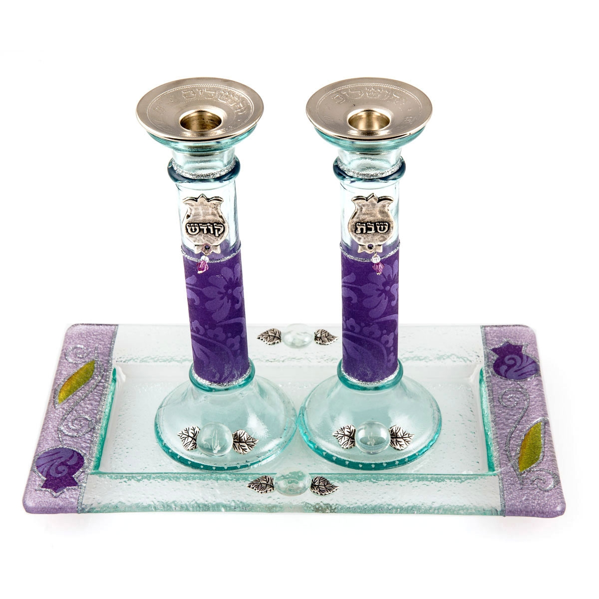 Painted Glass Column Candlesticks with Tray: Pomegranates (Purple). Lily Art - 1