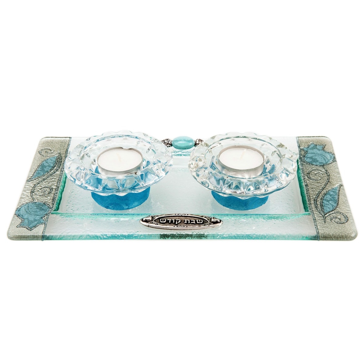 Lily Art Painted Glass Tea Light Candlesticks with Tray: Pomegranates (Blue) - 1