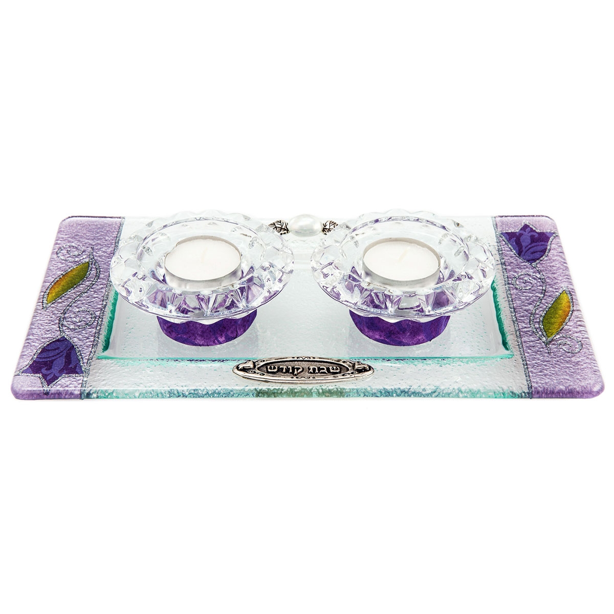 Lily Art Shabbat Kodesh Glass Candlesticks with Tray – Purple Tulips - 1