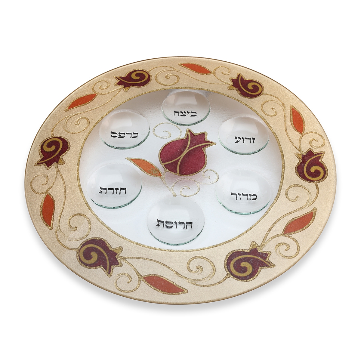 Glass Seder Plate With Hand Painted Pomegranates Design By Lily Art (Red) - 1