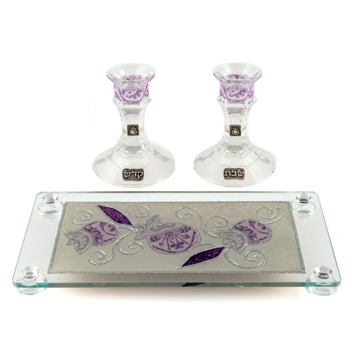 Lily Art Painted Crystal Candlesticks with Tray – Light Purple Tulip - 1