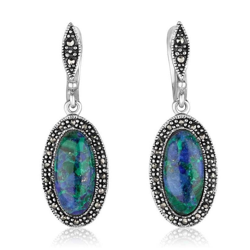 Marina Jewelry 925 Sterling Silver Eilat Stone Oval Earrings with Marcasite Stone Border - 1