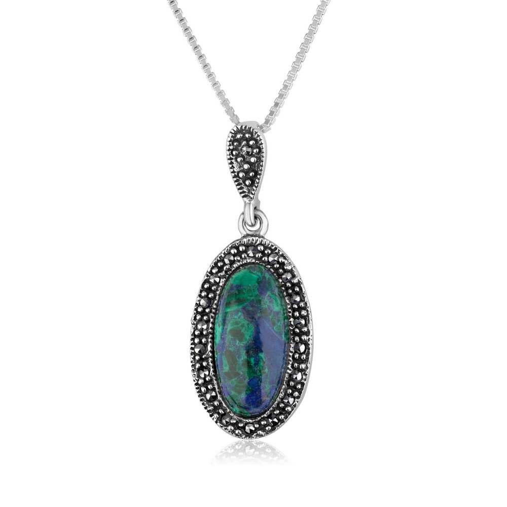 Marina Jewelry 925 Sterling Silver Eilat Stone Oval Necklace with Marcasite Stone Border - 1