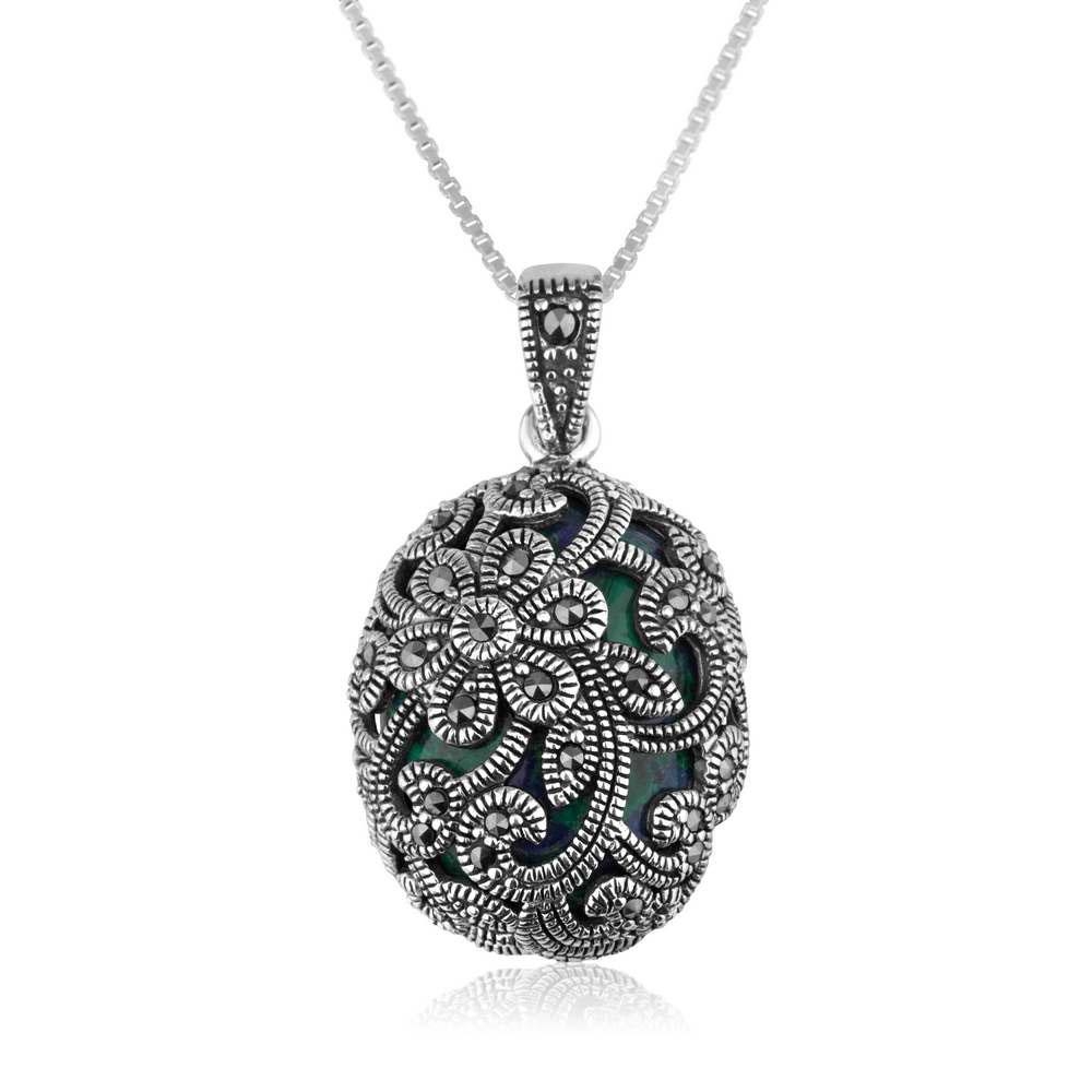 Marina Jewelry 925 Sterling Silver Floral Design Eilat Stone Necklace with Marcasite Stone - 1