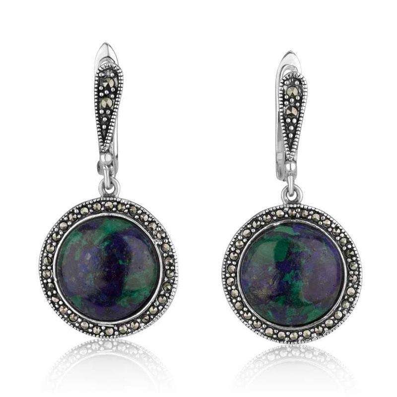 Marina Jewelry 925 Sterling Silver Vintage Eilat Stone Earrings with Marcasite Stone Halo - 1