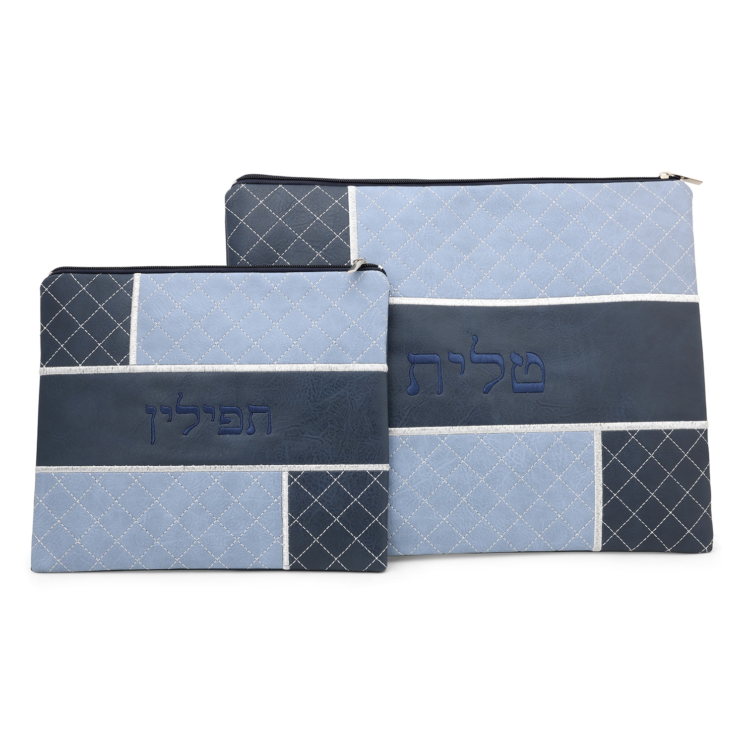 Faux Leather Shades of Blue Tallit & Tefillin Bag Set with Diamond Pattern - 1