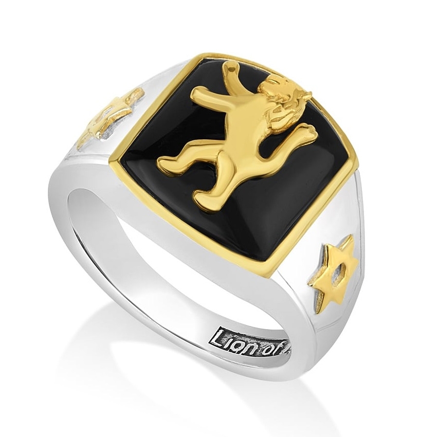 Men's Gold-Plated Lion of Judah Sterling Silver Ring with Onyx - 1
