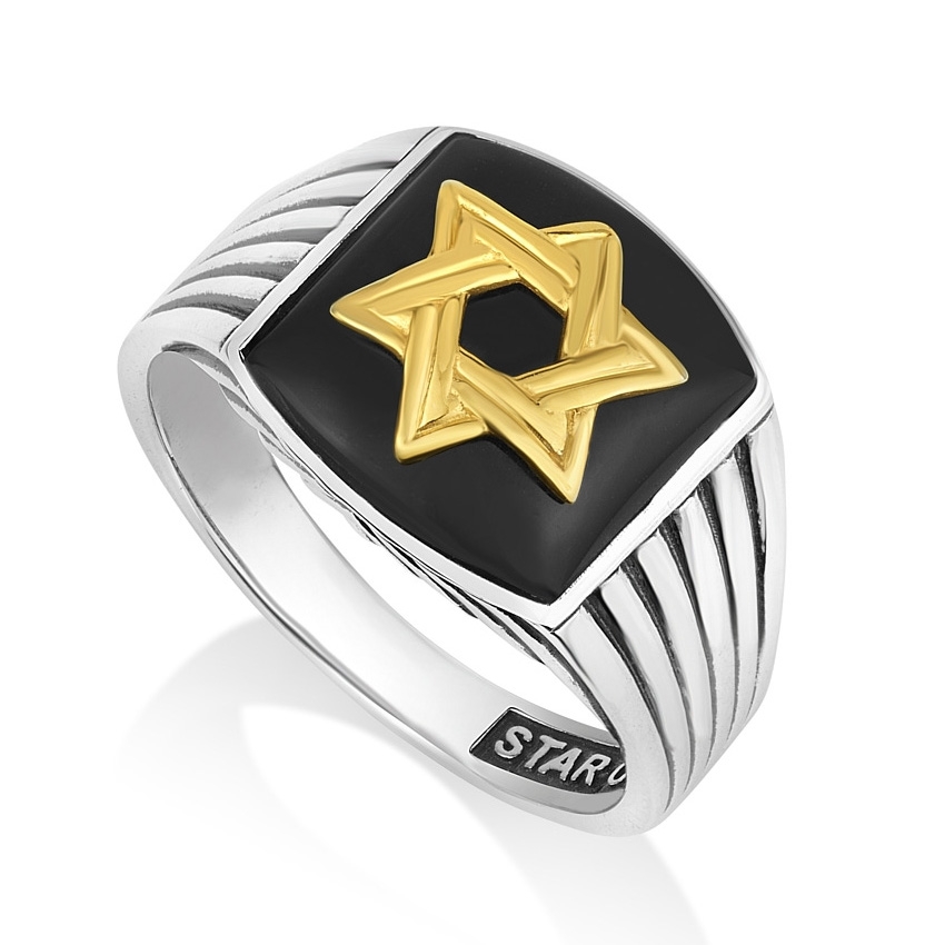 Men's Gold-Plated Star of David Sterling Silver Ring with Onyx - 1