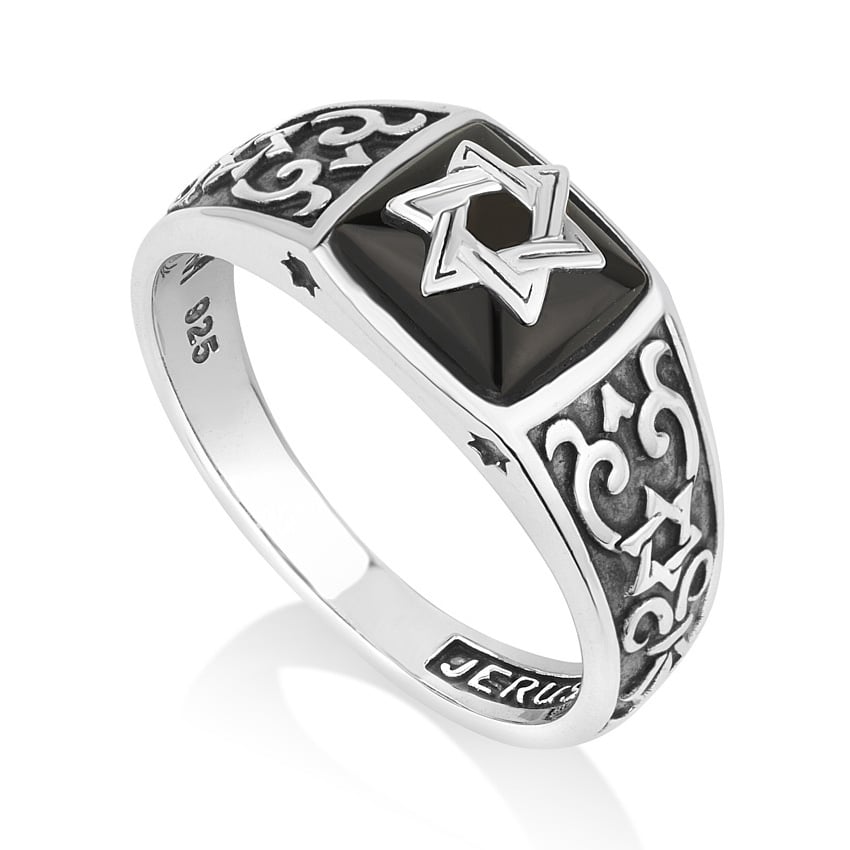 Men's Star of David Darkened Sterling Silver Ring with Onyx - 1