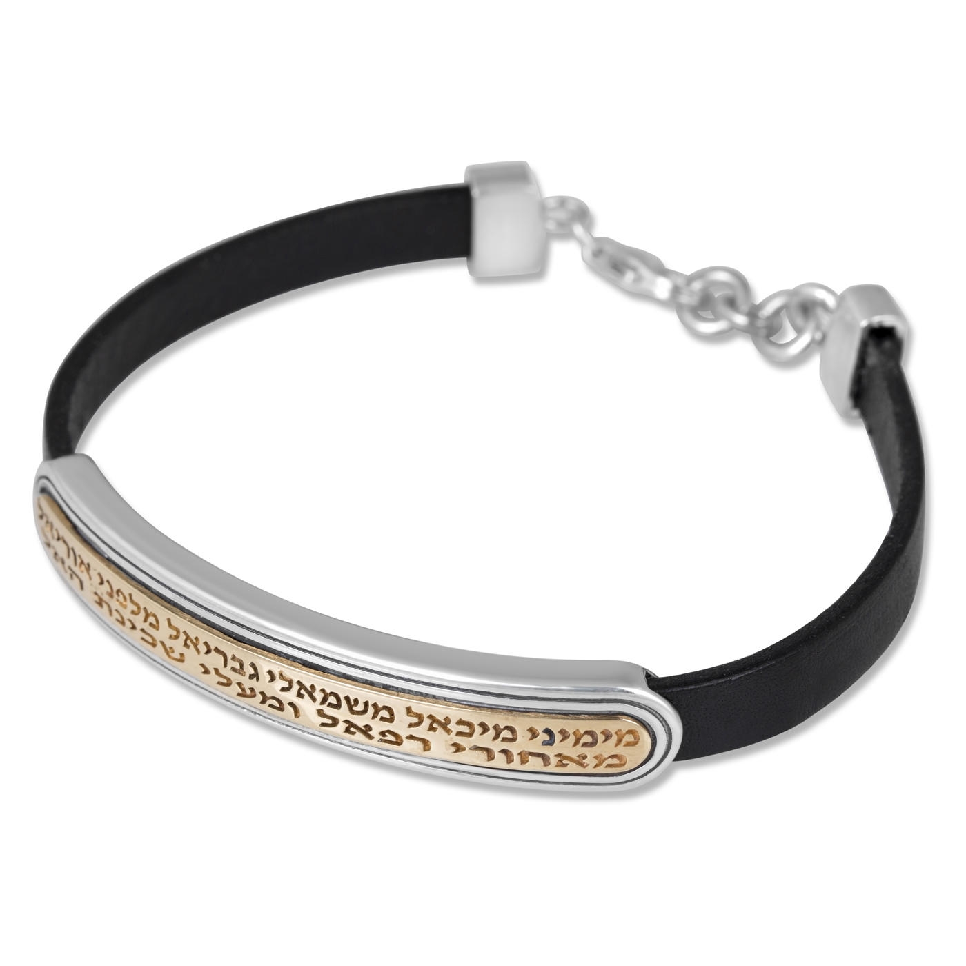 9K Gold, Sterling Silver and Leather Bracelet with Angels Inscription - 1