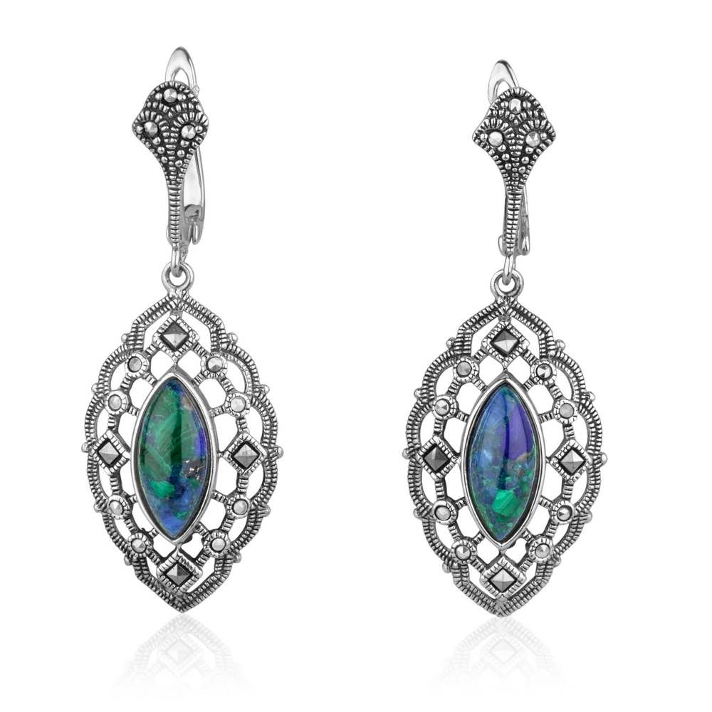 Marina Jewelry Sterling Silver Lens Shaped Eilat Stone and Marcasite Drop Earrings - 1