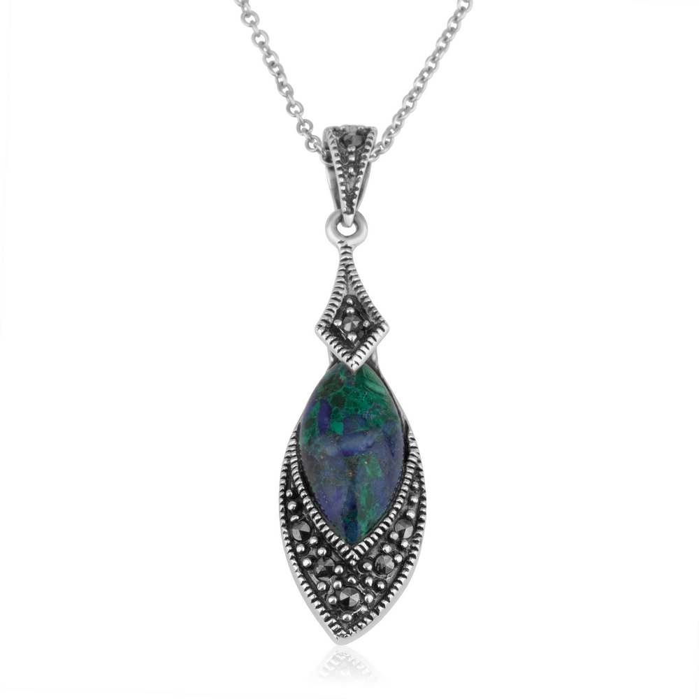 Marina Jewelry Sterling Silver Almond Eilat and Marcasite Stone Drop Necklace - 1