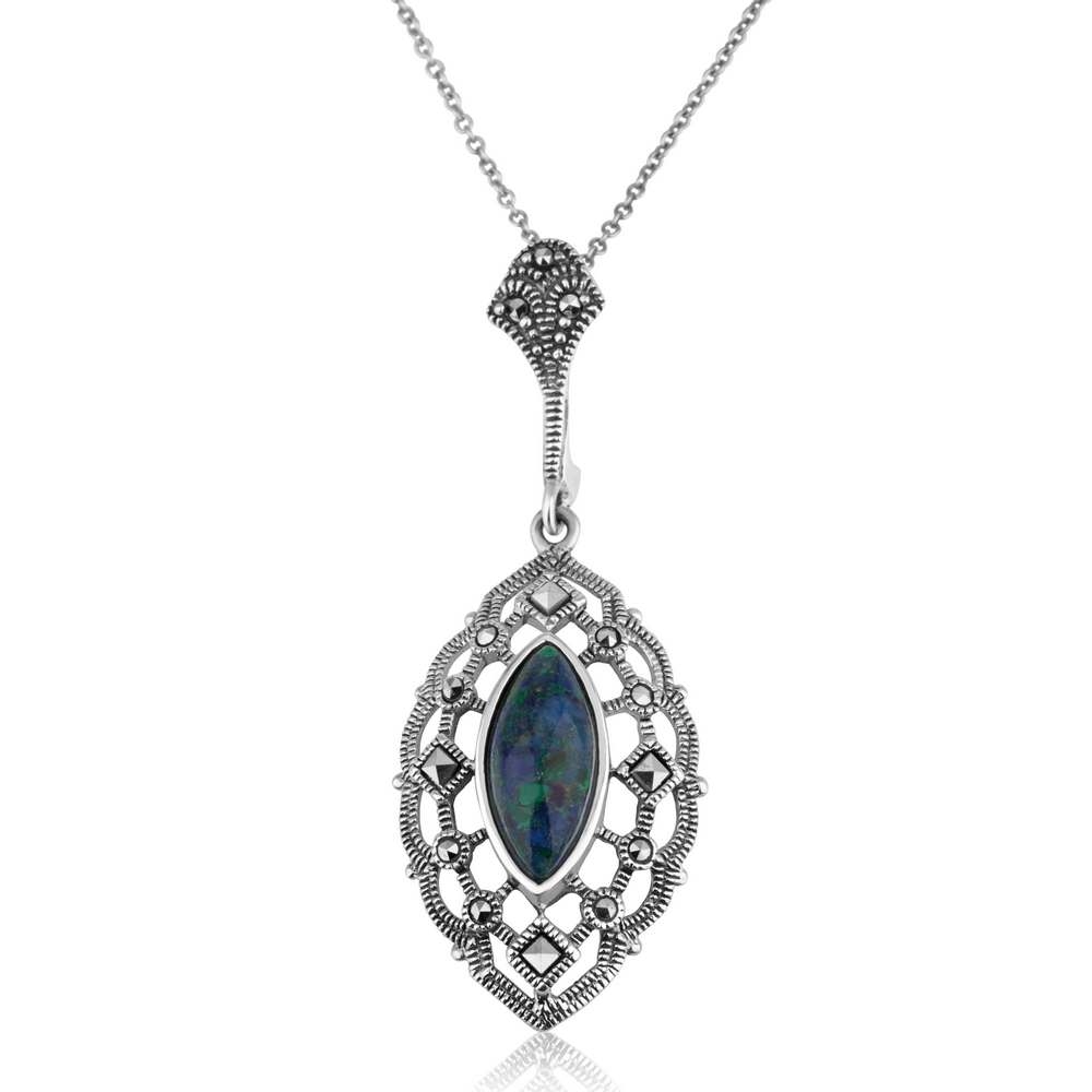 Marina Jewelry Sterling Silver Lens Shaped Eilat Stone and Marcasite Drop Necklace - 1
