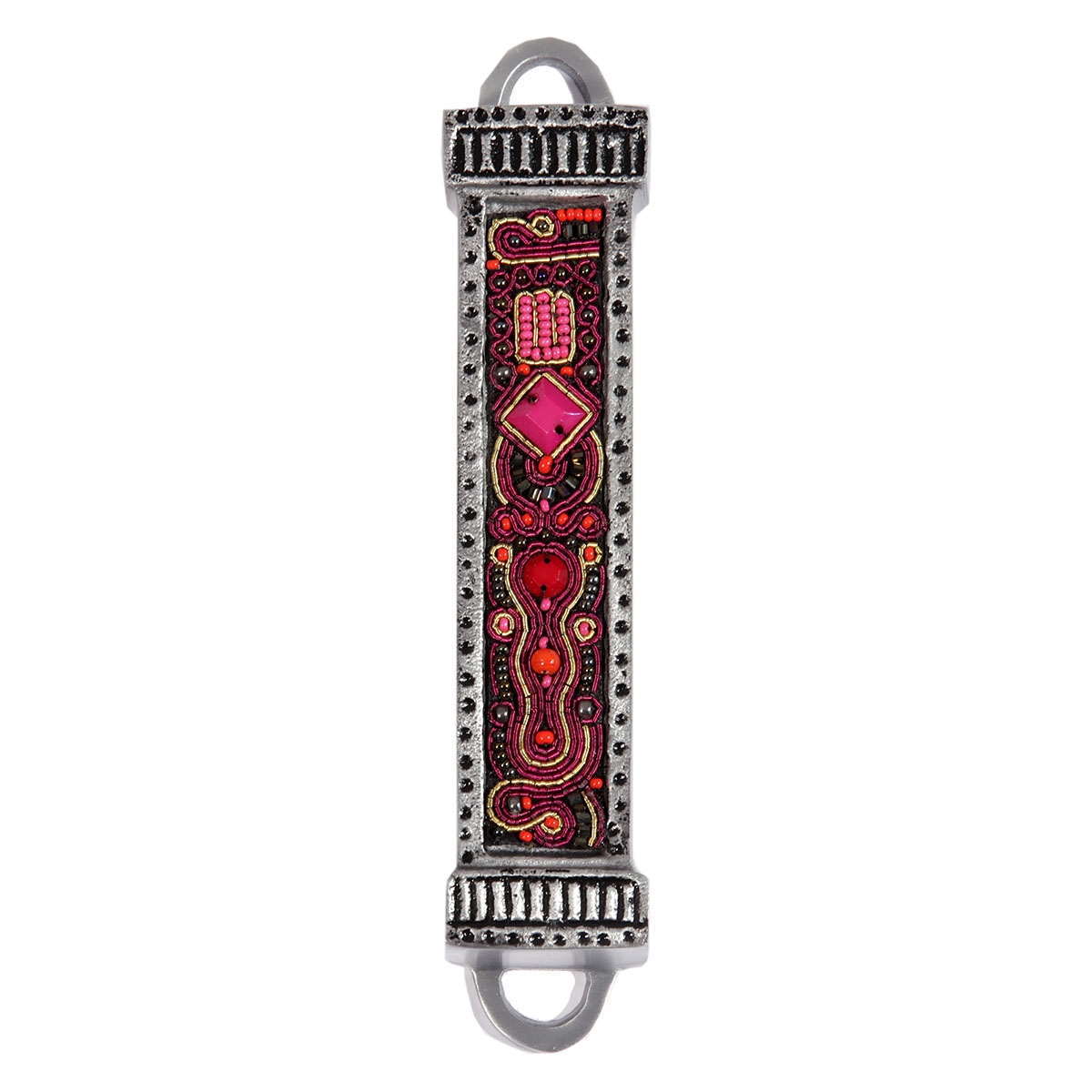 Yair Emanuel Aluminum Mezuzah with Embroidered Beads - Red - 1