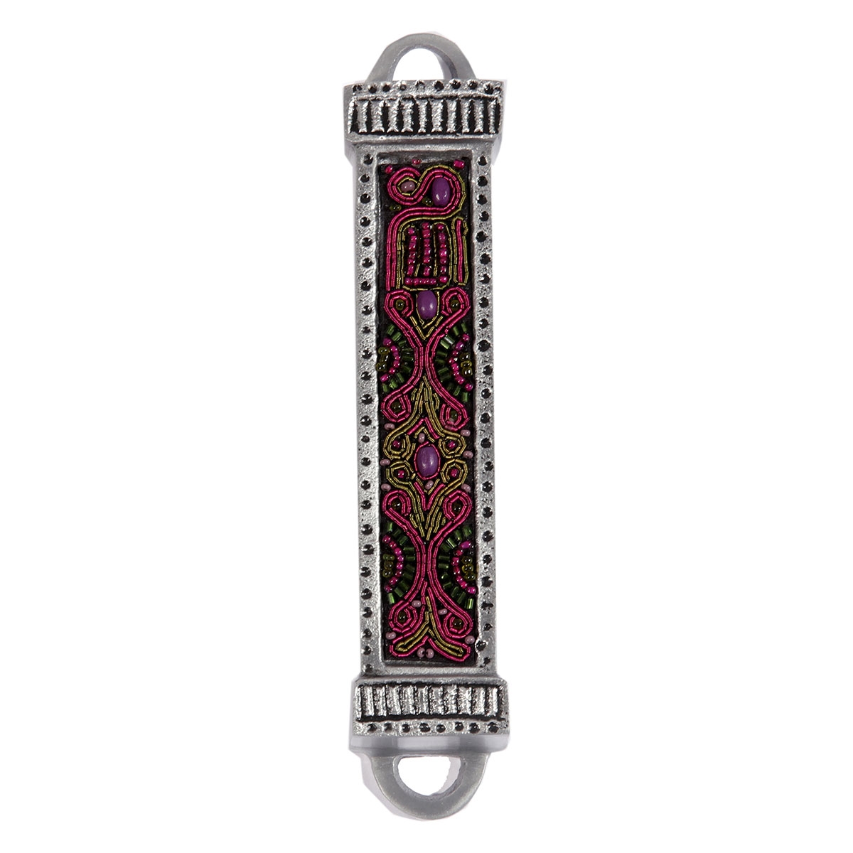 Yair Emanuel Aluminum Mezuzah with Embroidered Beads-Red/Gold - 1