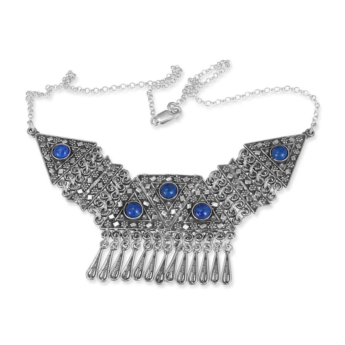 Traditional Yemenite Art Handcrafted Sterling Silver Necklace With Blue Lapis Stones - 1