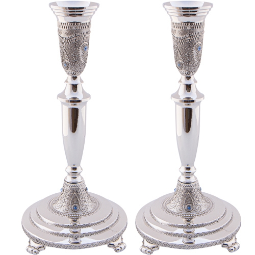 Nickel-Plated Shabbat Candlesticks With Filigree Design and Blue Stones - 1