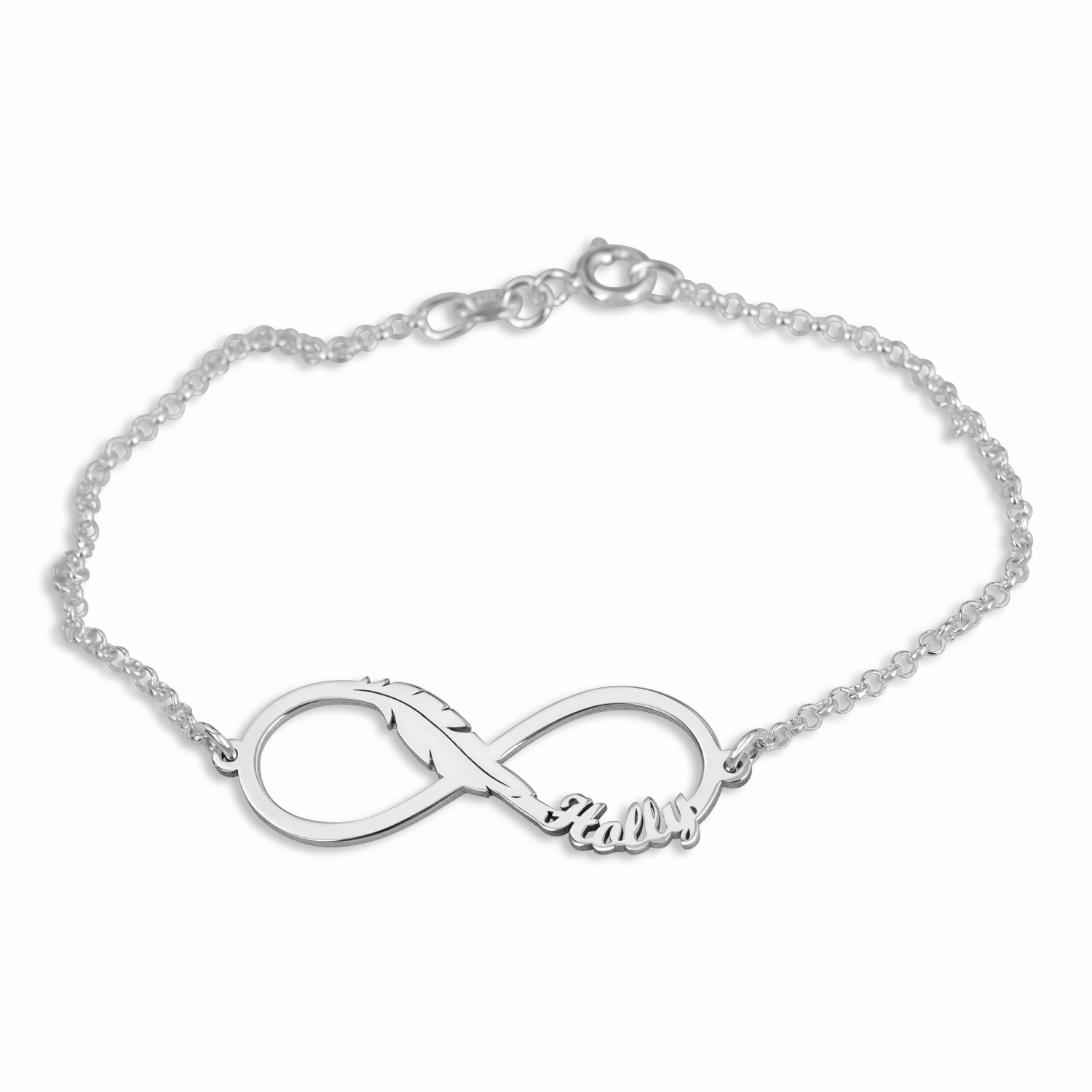 Sterling Silver English / Hebrew Infinity Feather Name Bracelet - 1