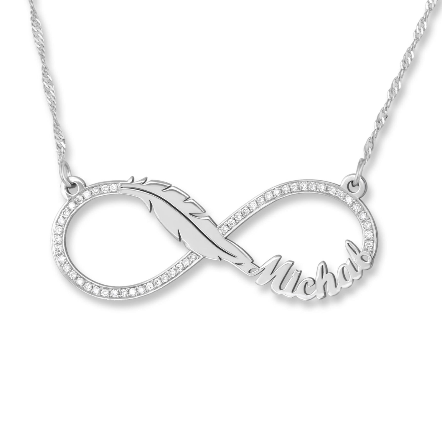 14K White Gold English / Hebrew Diamond Infinity Name Necklace with Feather - 1
