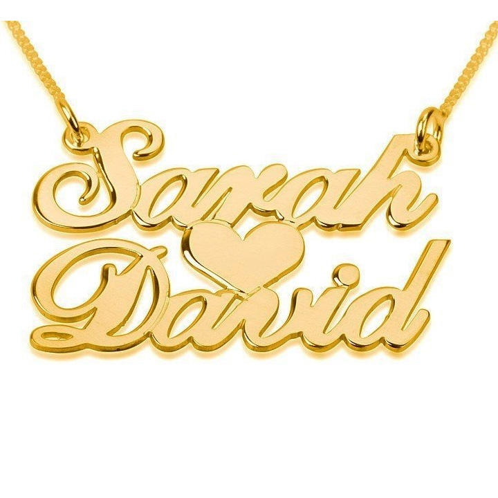 24K Gold Plated Silver 2-Name Necklace in English with Heart (Victorian Script) - 1