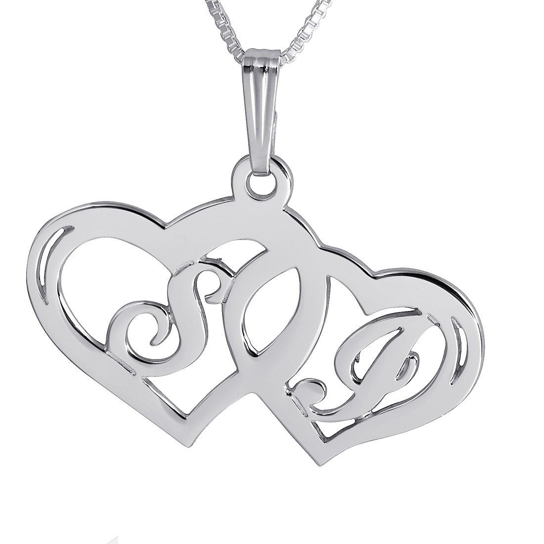 Silver Double Heart Necklace with Personalized Initials (Hebrew / English) - 1