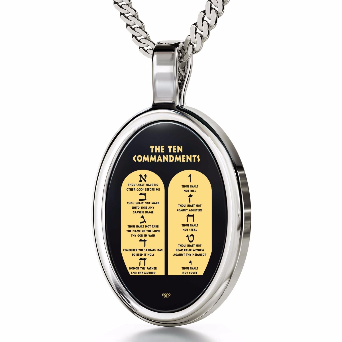 The Ten Commandments: Sterling Silver and Onyx Necklace Micro-Inscribed with 24K Gold - 1