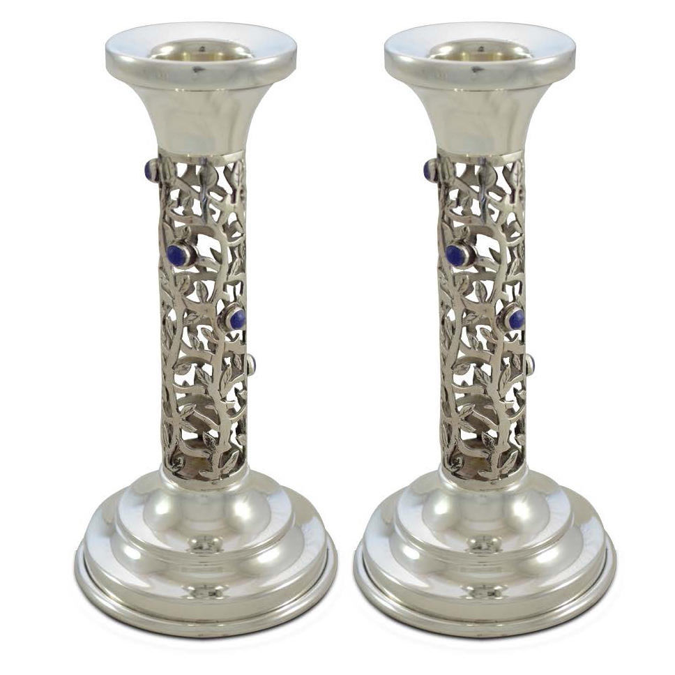 Nadav Art Sterling Silver Shabbat Candlesticks with Branches, Leaves and Blue Emeralds - 1