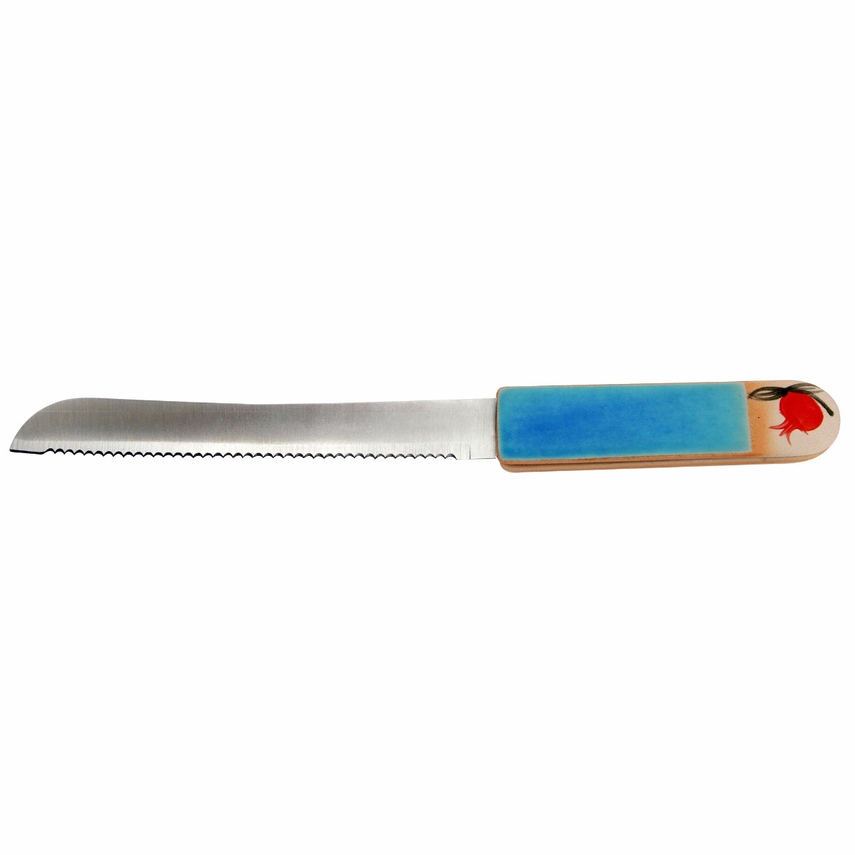 Ceramic and Stainless Steel Challah Knife with Turquoise Handle and Pomegranate - 1