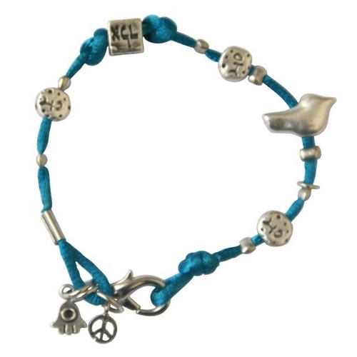 Blue Silk Silver Plated Charm Bracelet - Peace - 1